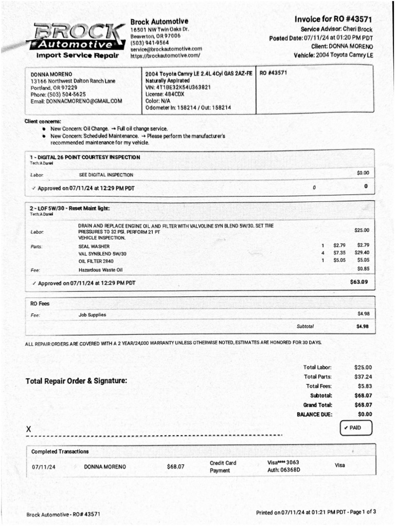 Oil change and inspection doc jul 15 2024 pdf
