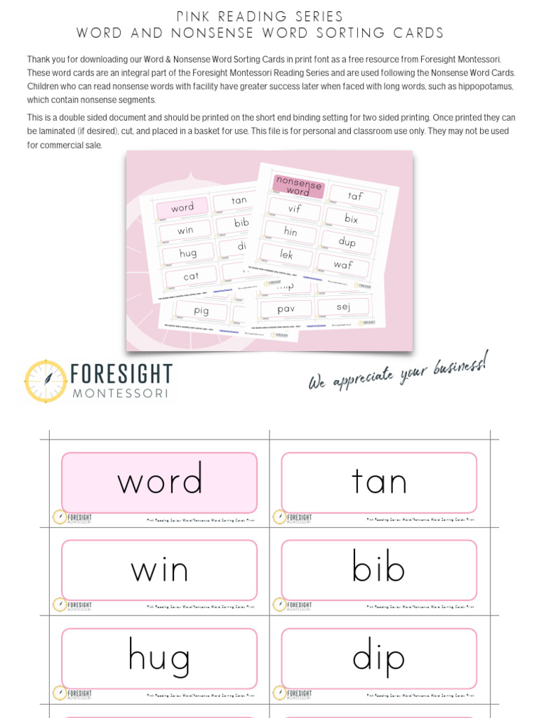 Pink Reading Word and Nonsense Word Cards Print Foresight | PDF ...