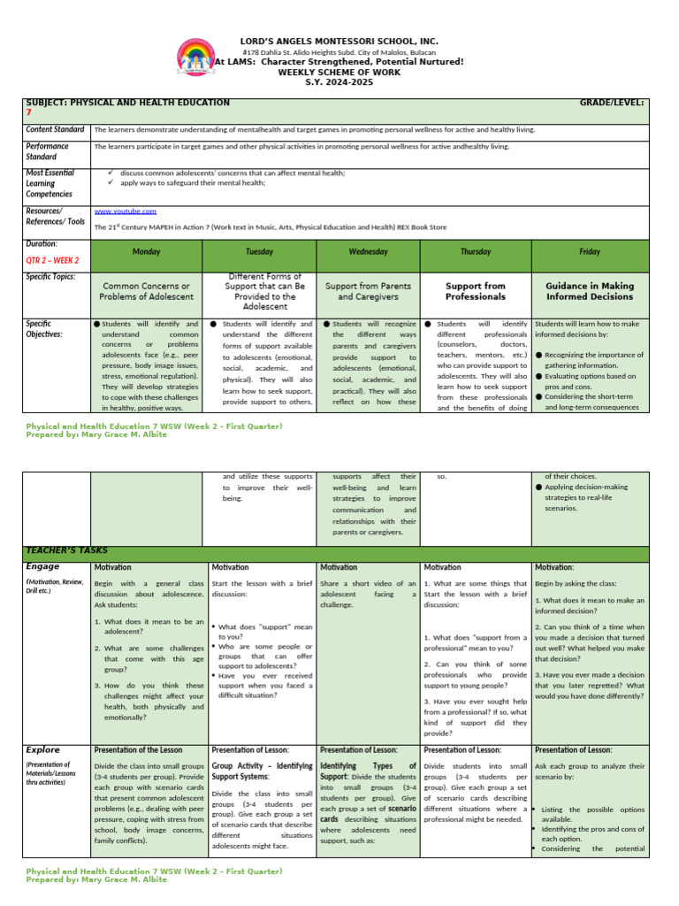 Pe Health 7 Wsw Q2 W2 2024 2025 T Grace Pdf Adolescence Motivation