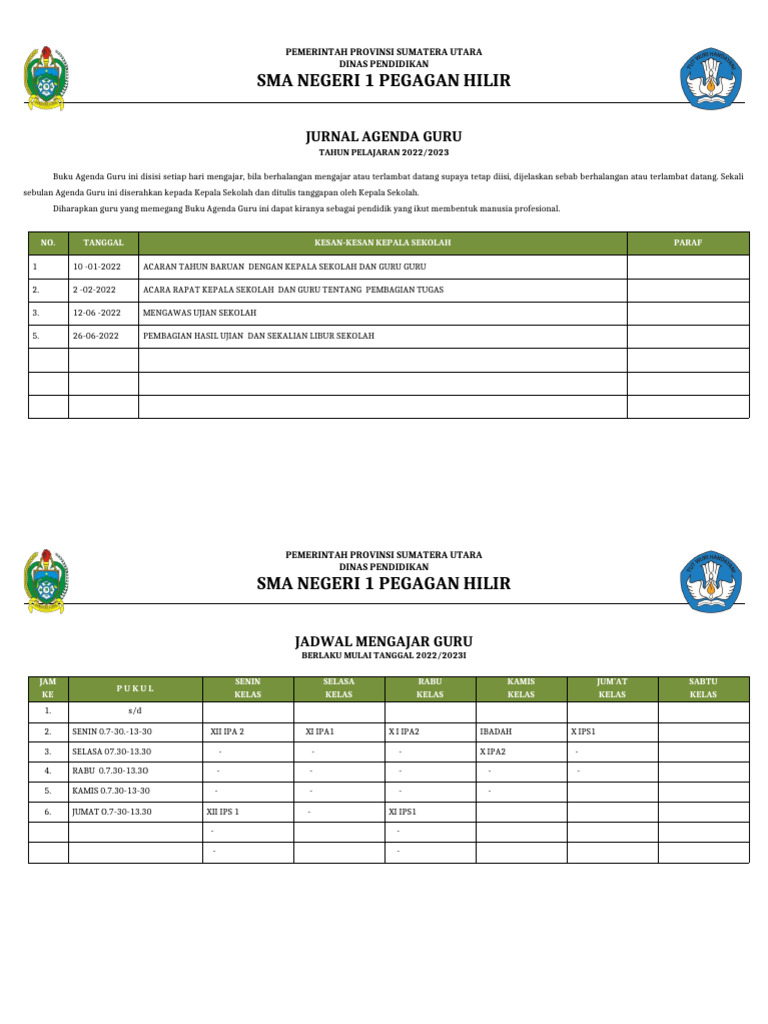 Jurnal Agenda dan Mengajar Guru SMA | PDF