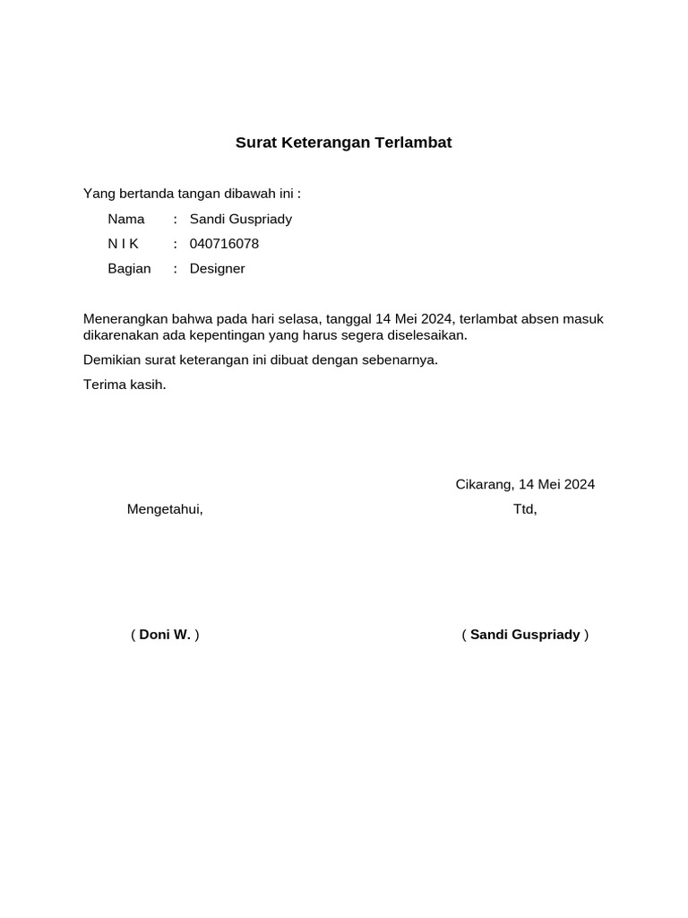 Surat Keterangan Terlambat Absen | PDF