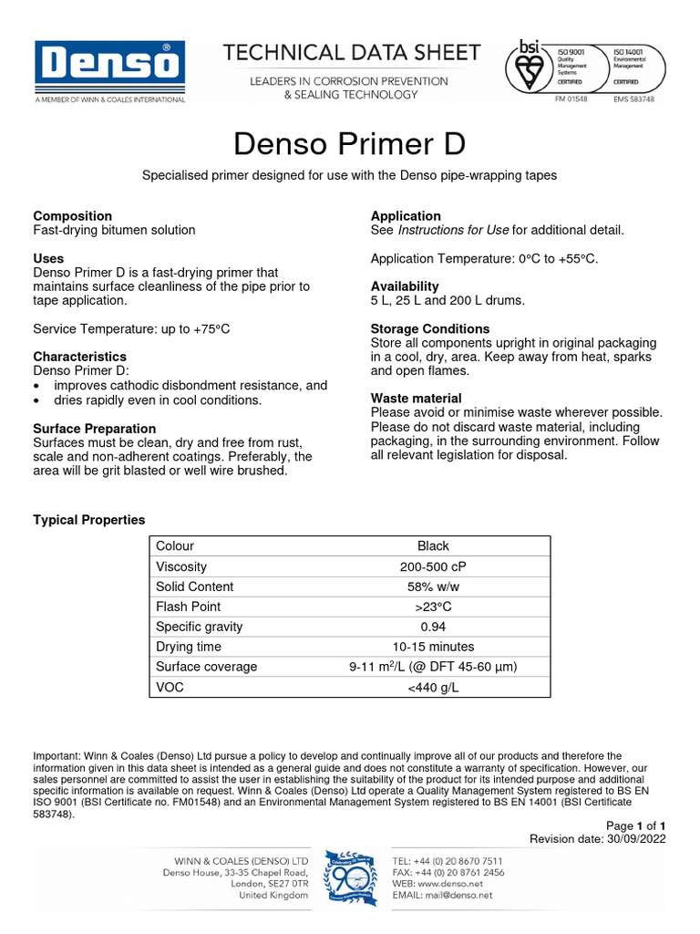 Denso Primer D: Fast-Drying Pipe Primer | PDF | Materials | Industrial ...