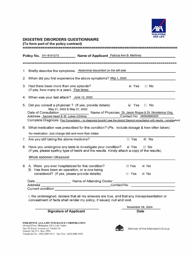 Digestive Disorders Questionnaire | PDF