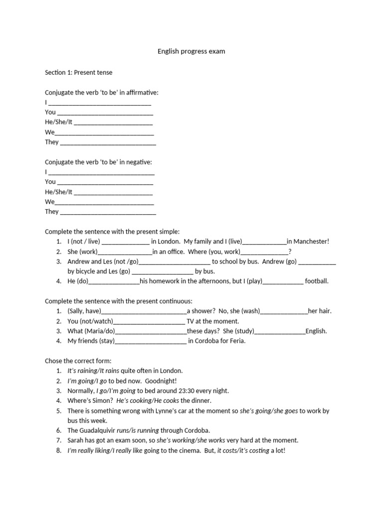 English Progress Exam: Tenses and Grammar | PDF | Language Mechanics ...