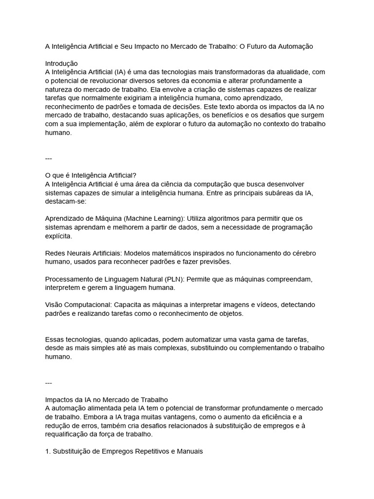 Impactos da IA no Mercado de Trabalho | PDF | Inteligência artificial ...