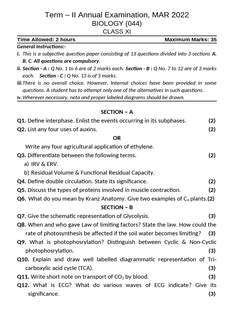 Class XI Biology Exam Paper MAR 2022 | PDF | Biology | Physiology