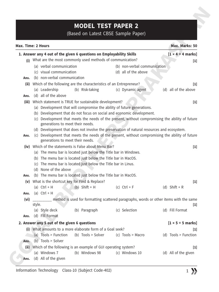 Class 10 IT Model Test Paper 2 | PDF | Databases | Computing