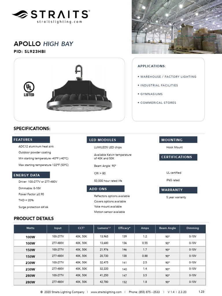 Apollo High Bay LED Lighting Specs | PDF | Physical Sciences