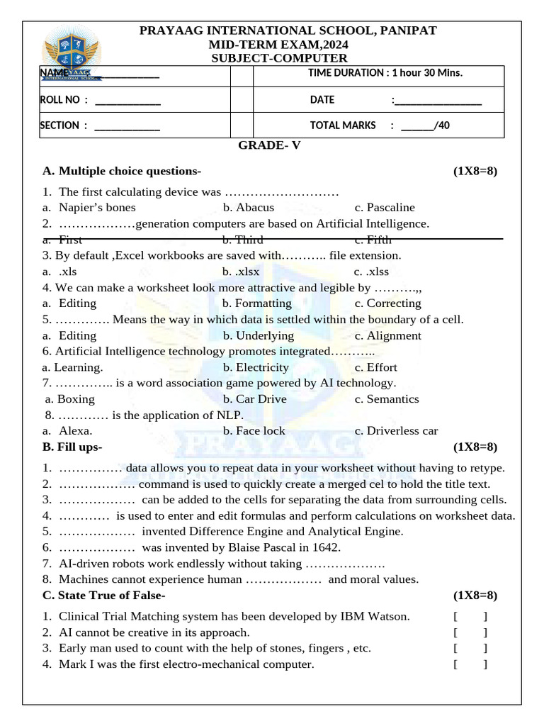 Computer Mid-Term Exam for Grade V | PDF | Microsoft Excel | Artificial ...