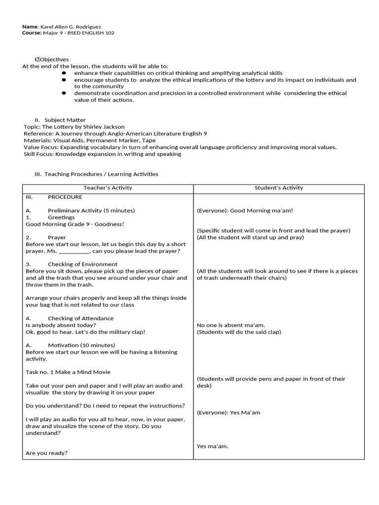Major 9 Detailed Lesson Plan | PDF | Cognition