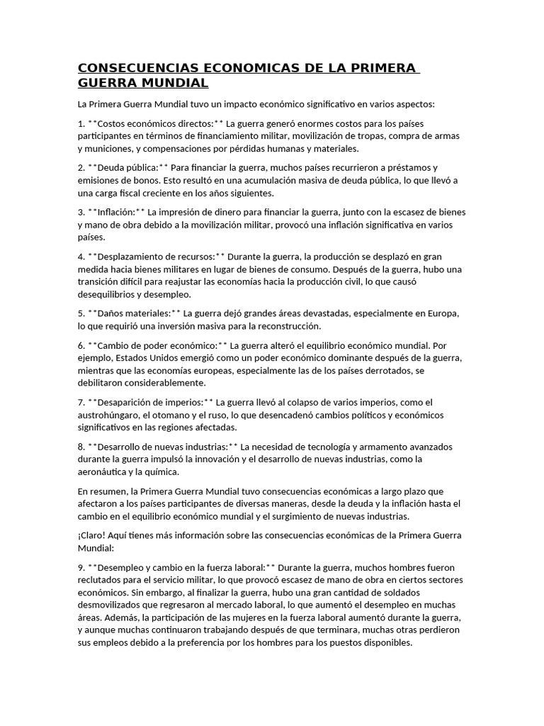 Impacto Económico de la Primera Guerra Mundial | PDF | Primera Guerra ...