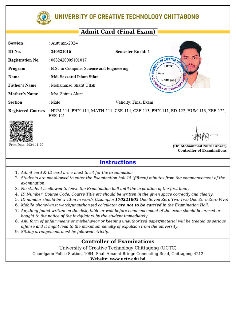 Final Admit Card 240321016 22 | PDF
