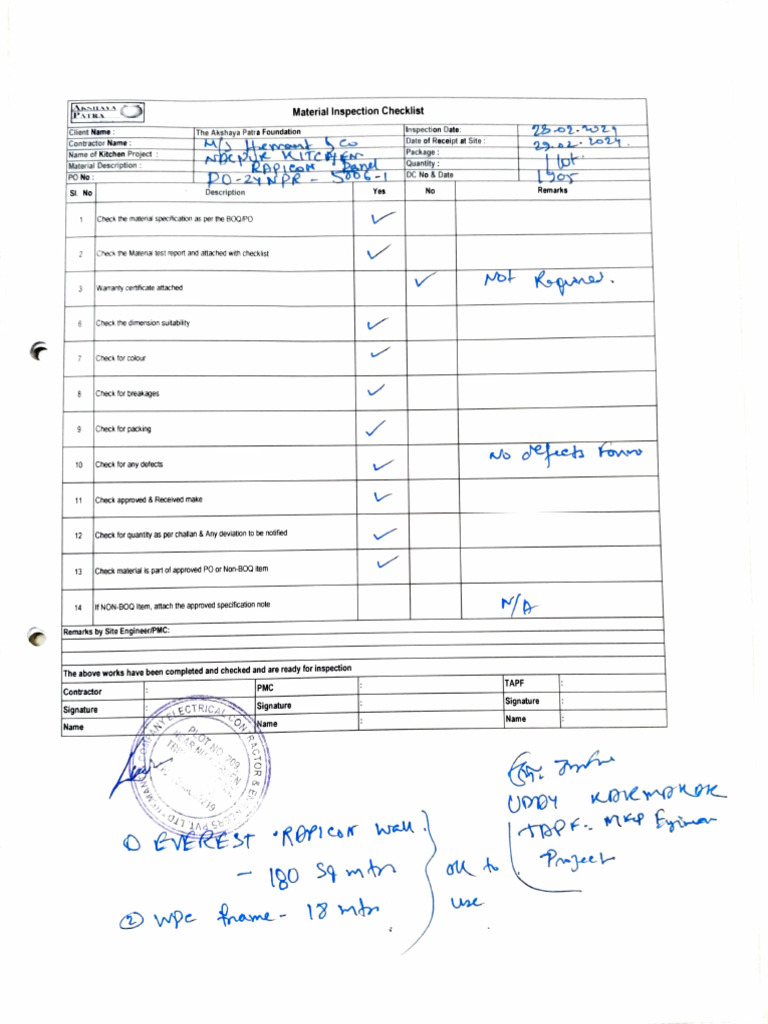 Material Inspection Checklist Template | PDF | Quality