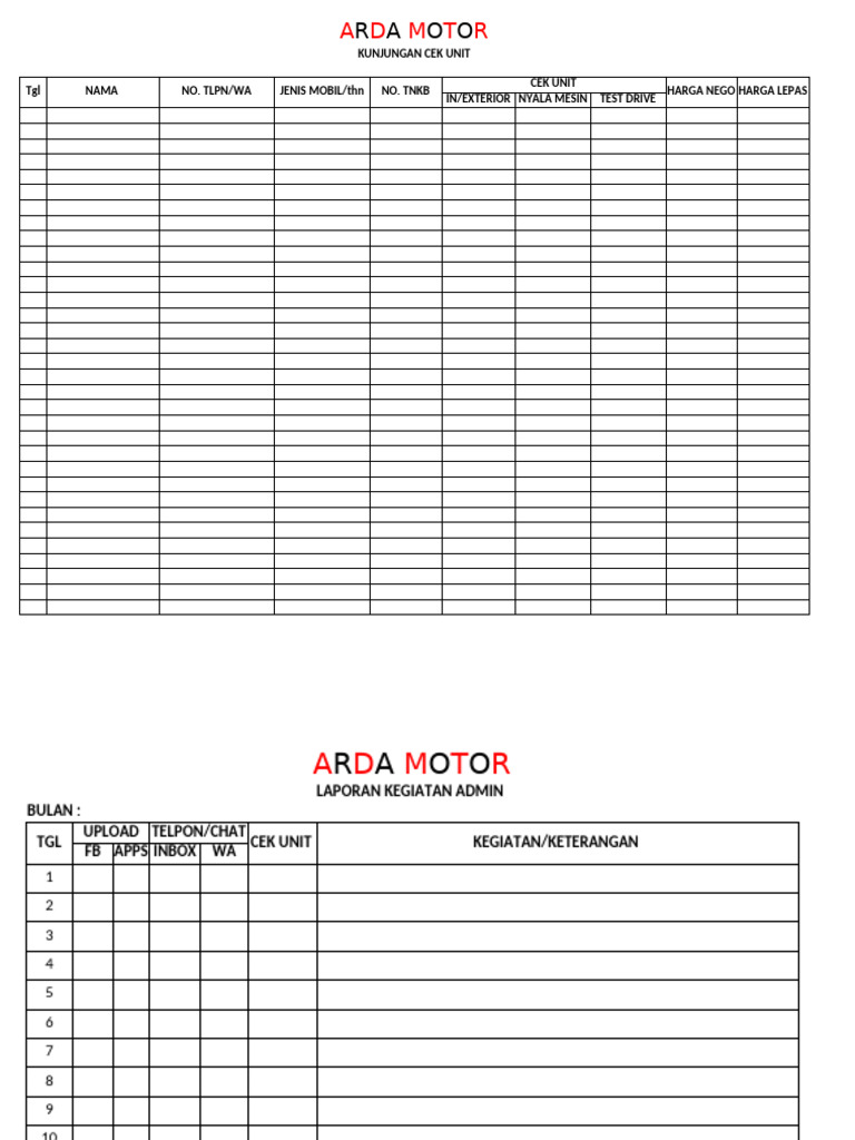 Form Cek Unit Mobil | PDF