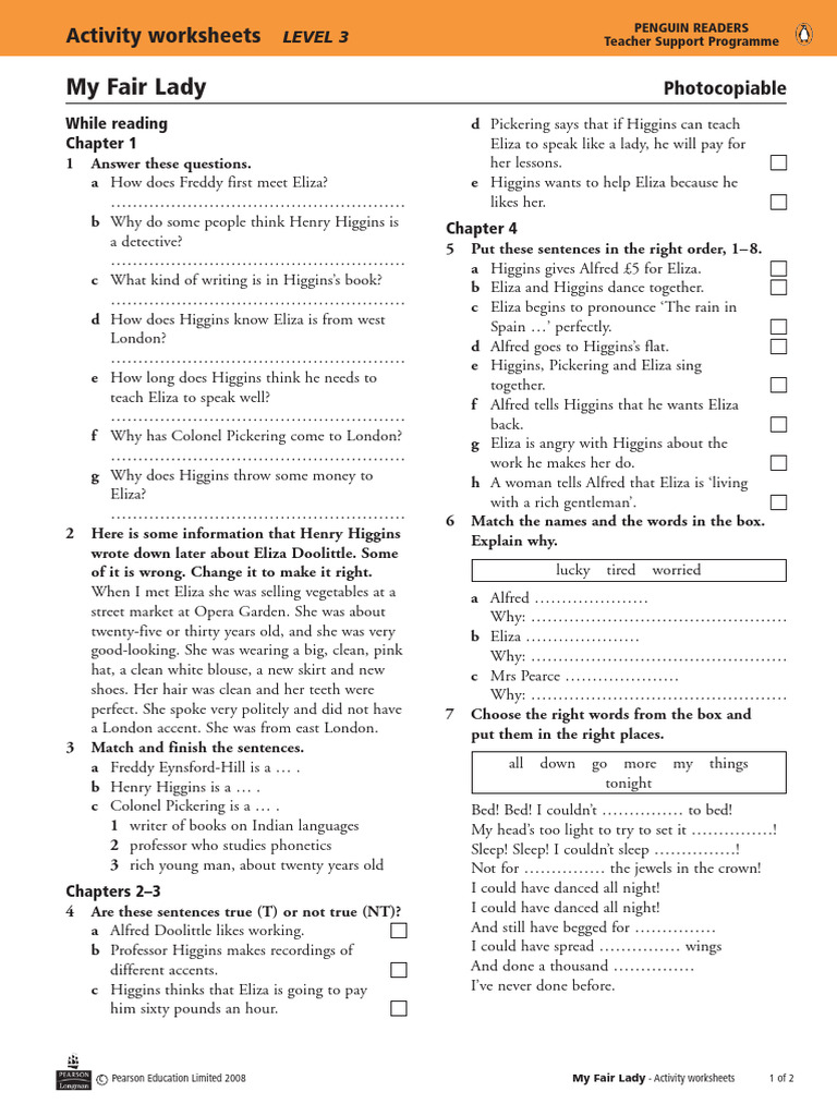 My Fair Lady Activity Worksheets | PDF | Pygmalion (Play)