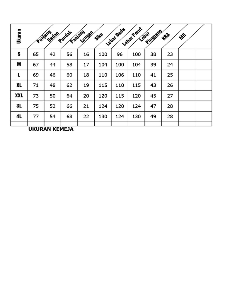 Size Chart Baju | PDF