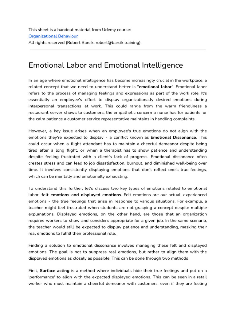 Emotional Labor and Emotional Intelligence | PDF | Empathy | Emotions