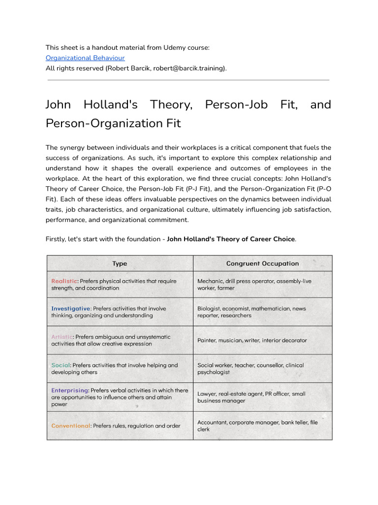 Holland's Job Fit Theories Explained | PDF | Job Satisfaction | Employment