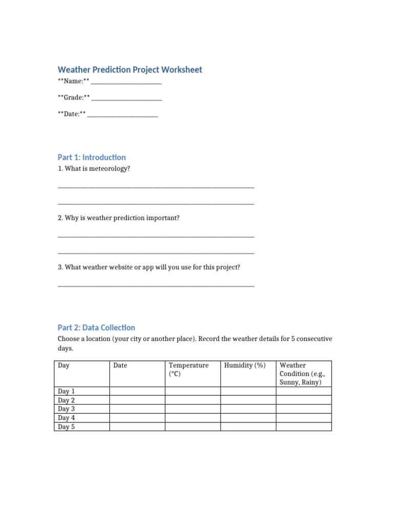 Weather Prediction Project Worksheet | PDF | Weather | Weather Forecasting