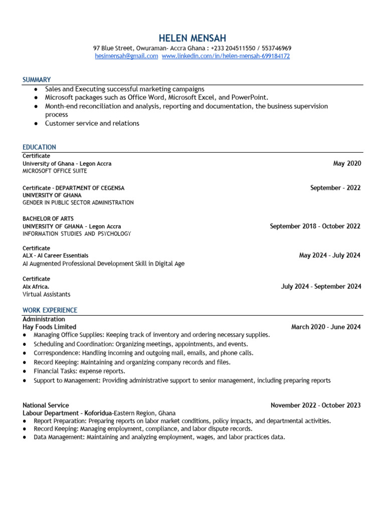 Helen Mensah's Professional Profile | PDF | Employment | Economies
