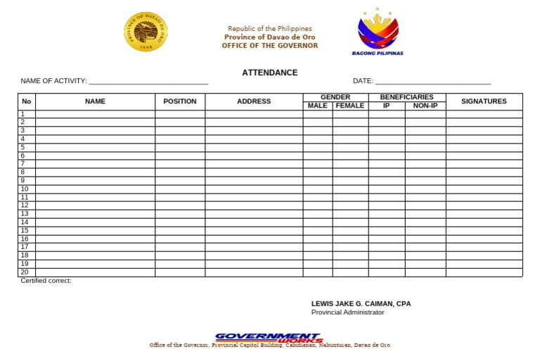 Davao de Oro Attendance Record Template | PDF