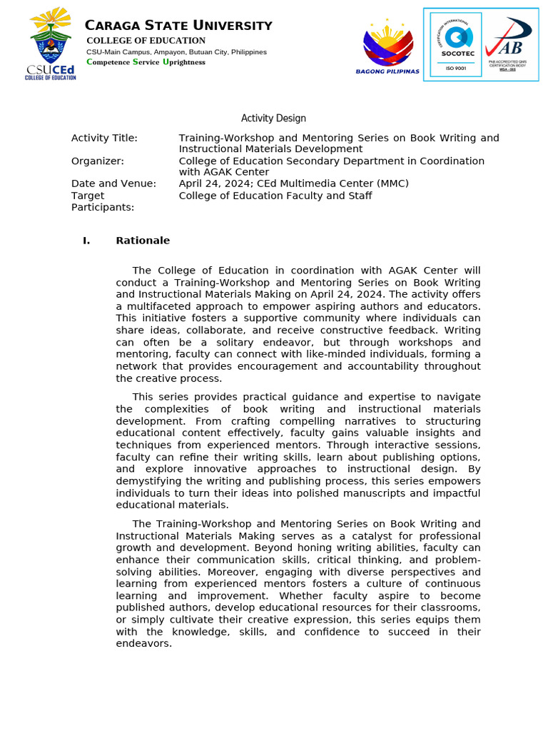 Activity Design Book Writing and IMs Making 1 | PDF | Mentorship ...