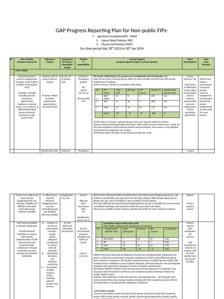 GAP Reporting Template For Quartely Progress Report - Non Public ...