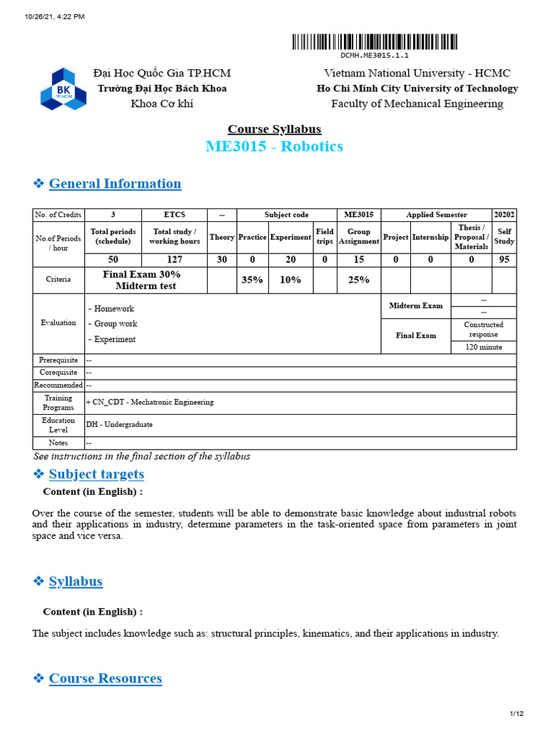 Robotics Course Syllabus ME3015 | PDF | Kinematics | Matrix (Mathematics)