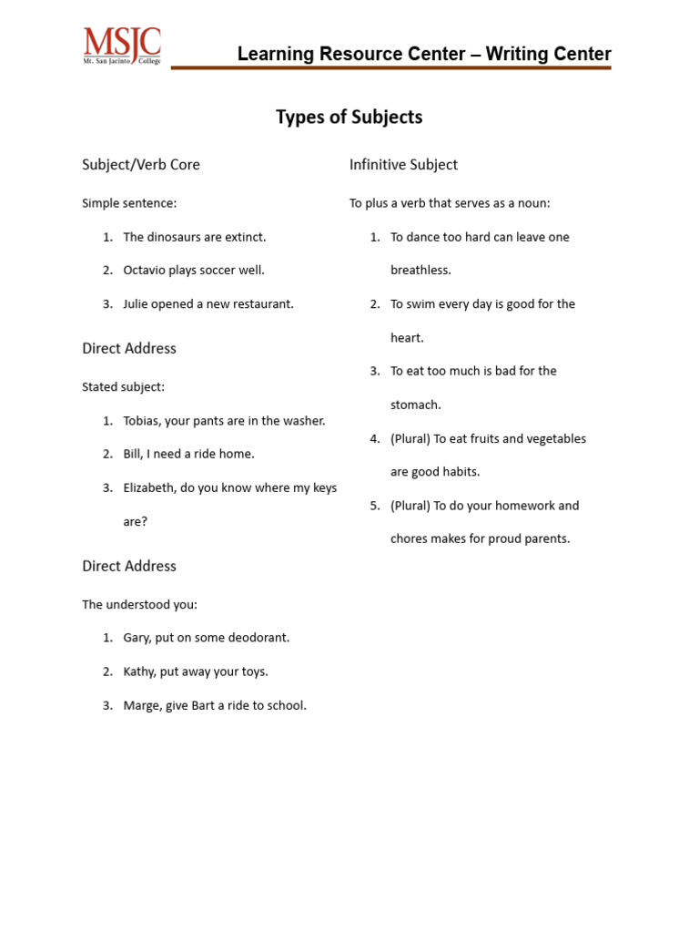 Types of Subjects | PDF | Subject (Grammar) | Verb
