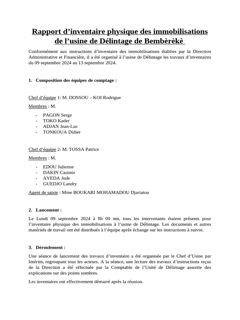 Rapport d'inventaire des immobilisations | PDF