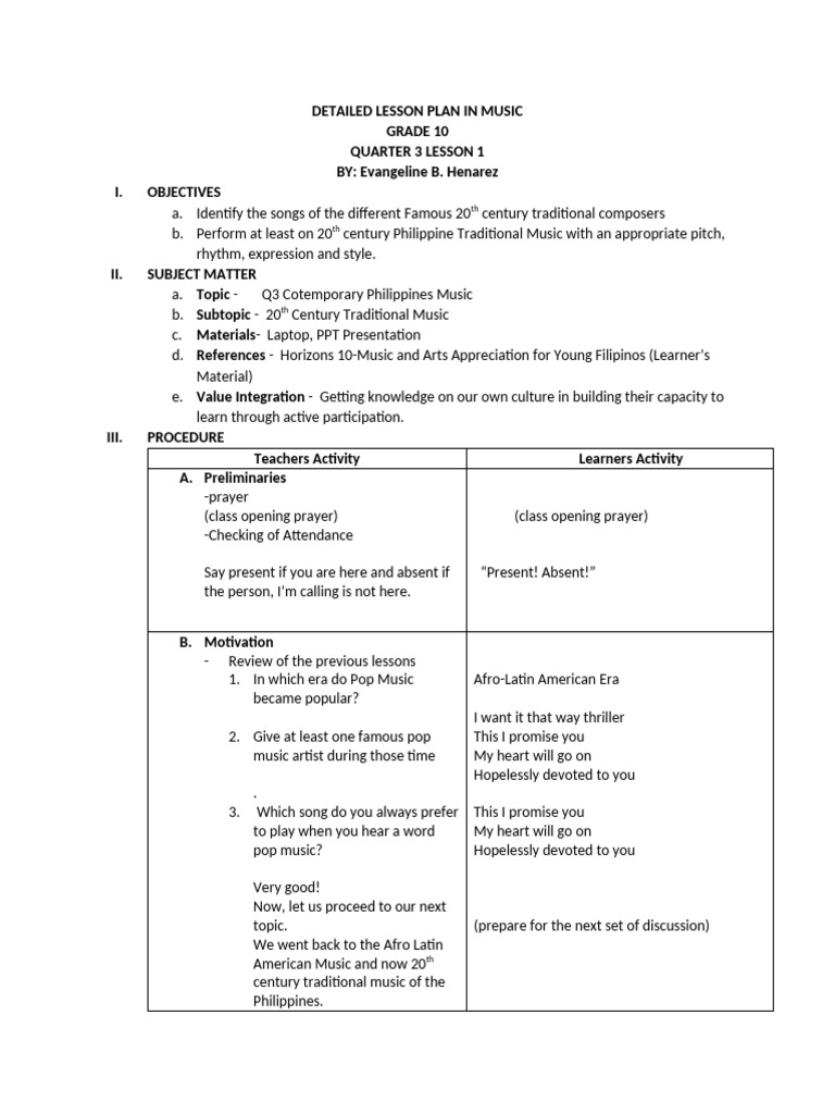 Detailed Lesson Plan in Music q3 Week 1 | PDF | Philippines | Human ...