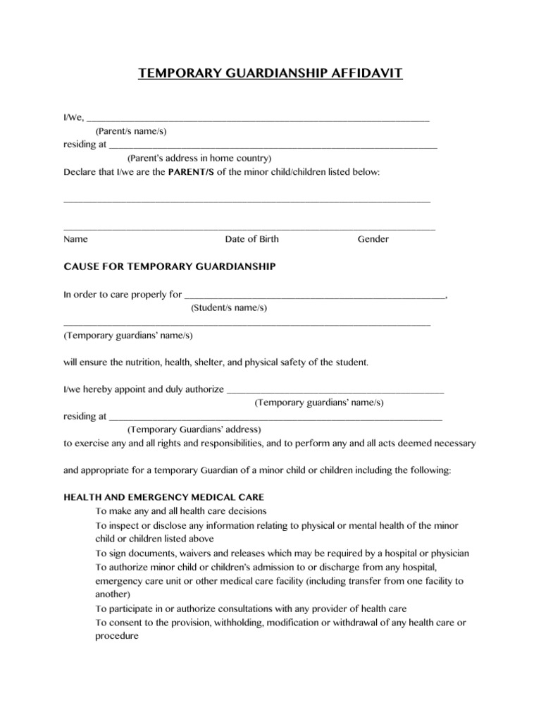 Temporary Guardianship Affidavit Form | PDF | Affidavit | Legal Guardian
