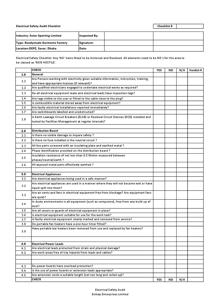 Electrical Safety Audit Checklist Readymade Garment Factory in Savar