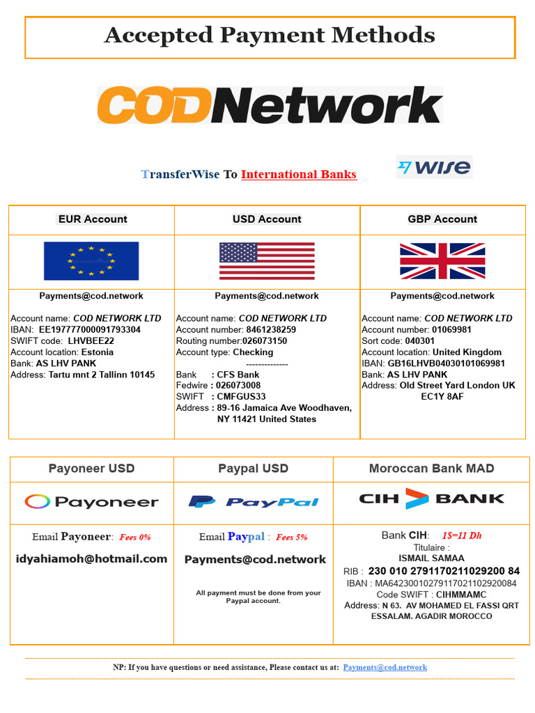 Payment Options Cod Network May 23 | PDF | Financial Services | Payments
