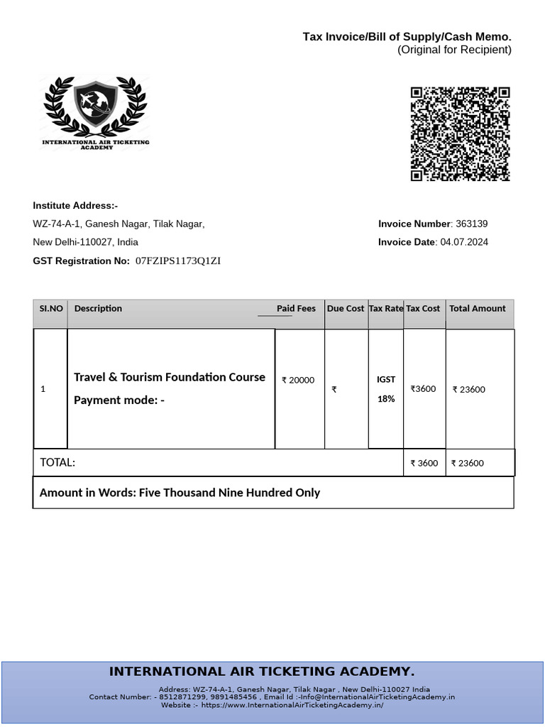 Travel Course Invoice - July 2024 | PDF