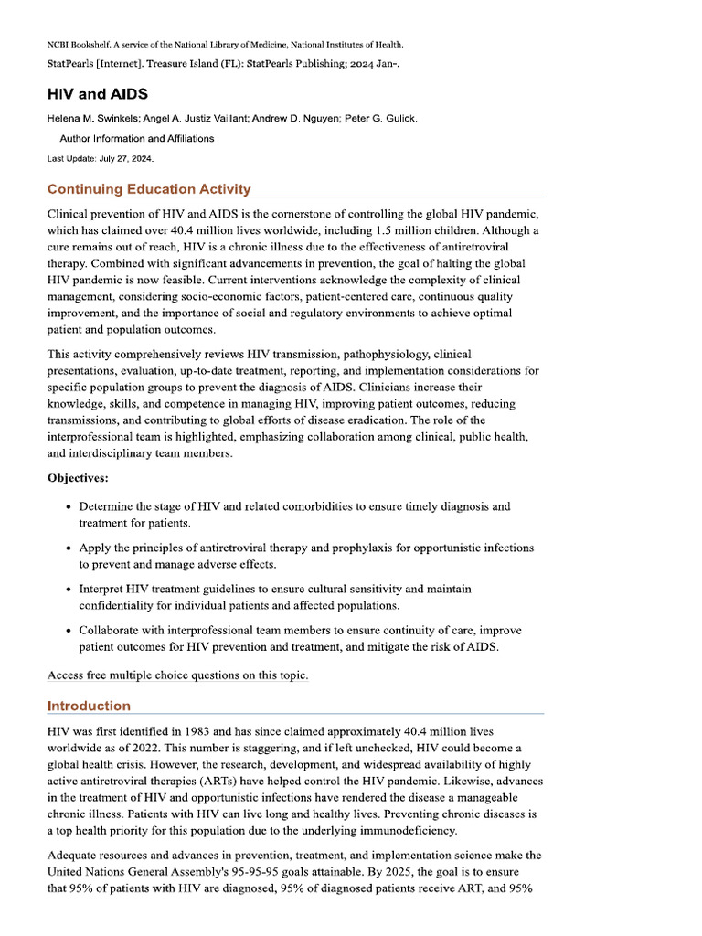 HIV and AIDS - StatPearls - NCBI Bookshelf | PDF