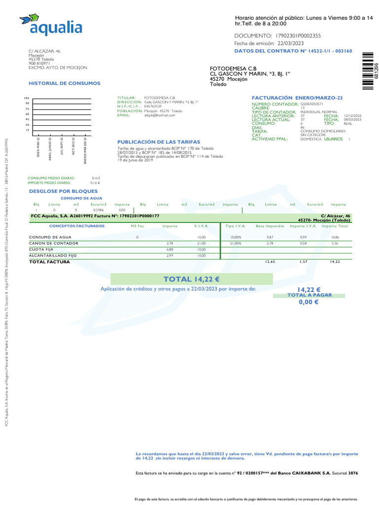 Factura de Agua Aqualia - Marzo 2023 | PDF
