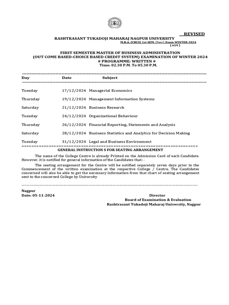 MBA Winter 2024 Exam Schedule | PDF | Master Of Business Administration ...