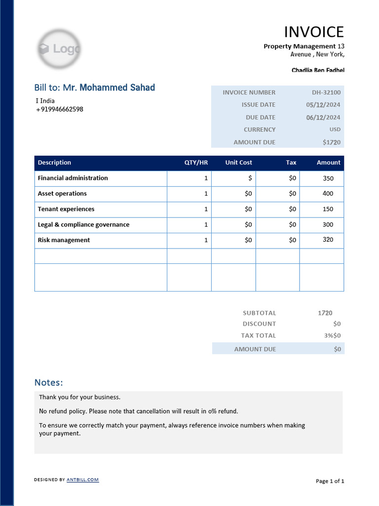 Property Management Invoice Template - Professional | PDF