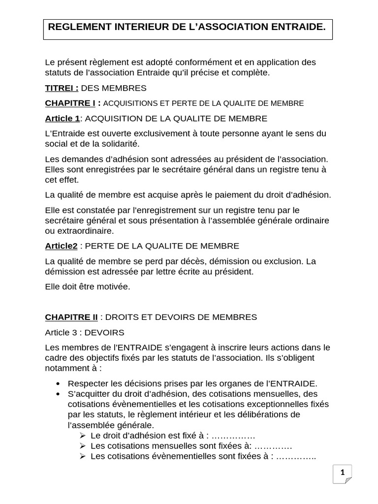 Règlement Intérieur de l'Association Entraide | PDF