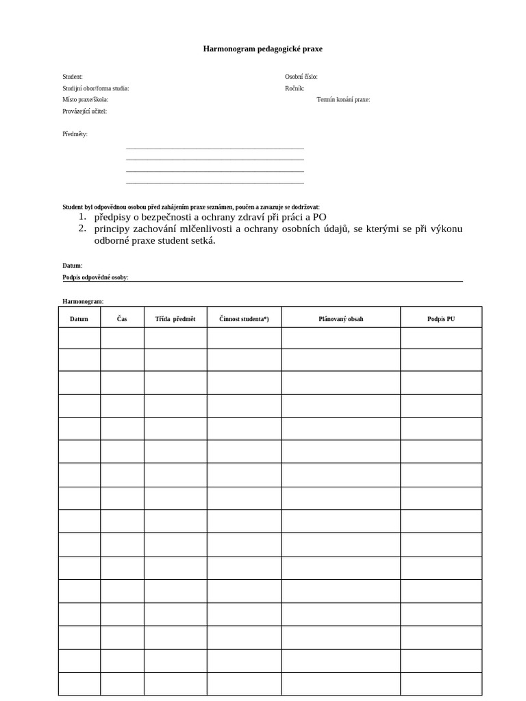 Harmonogram Pedagogickã© Praxe | PDF