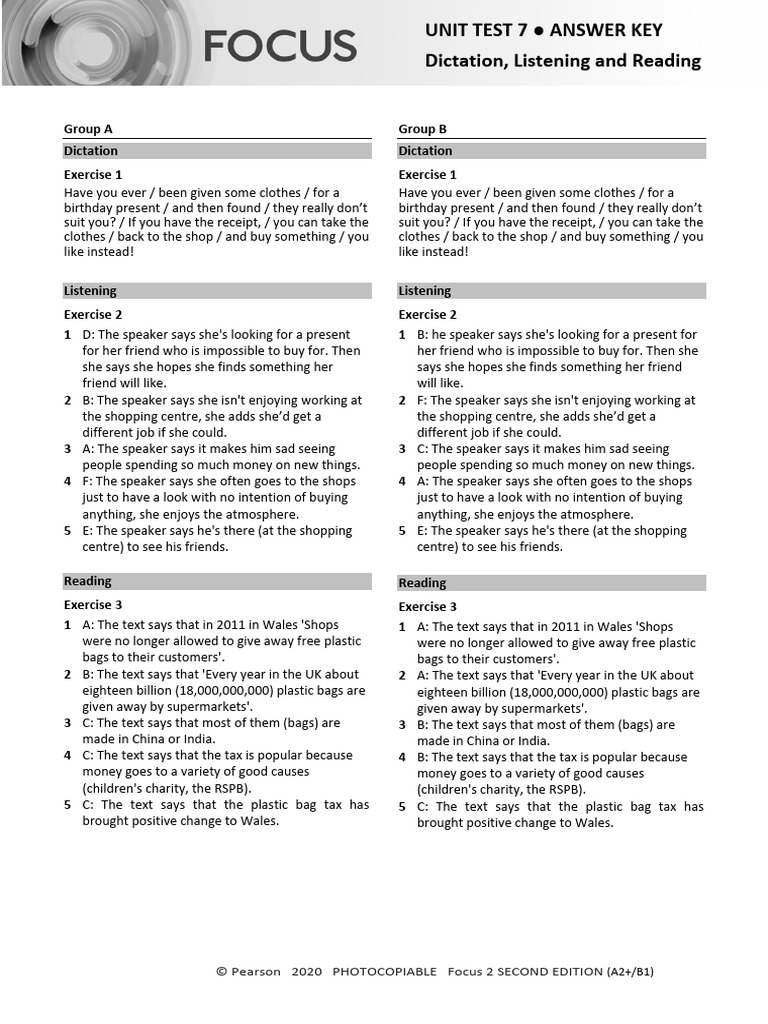 Focus 2 Unit 7 Test Answer Key | PDF