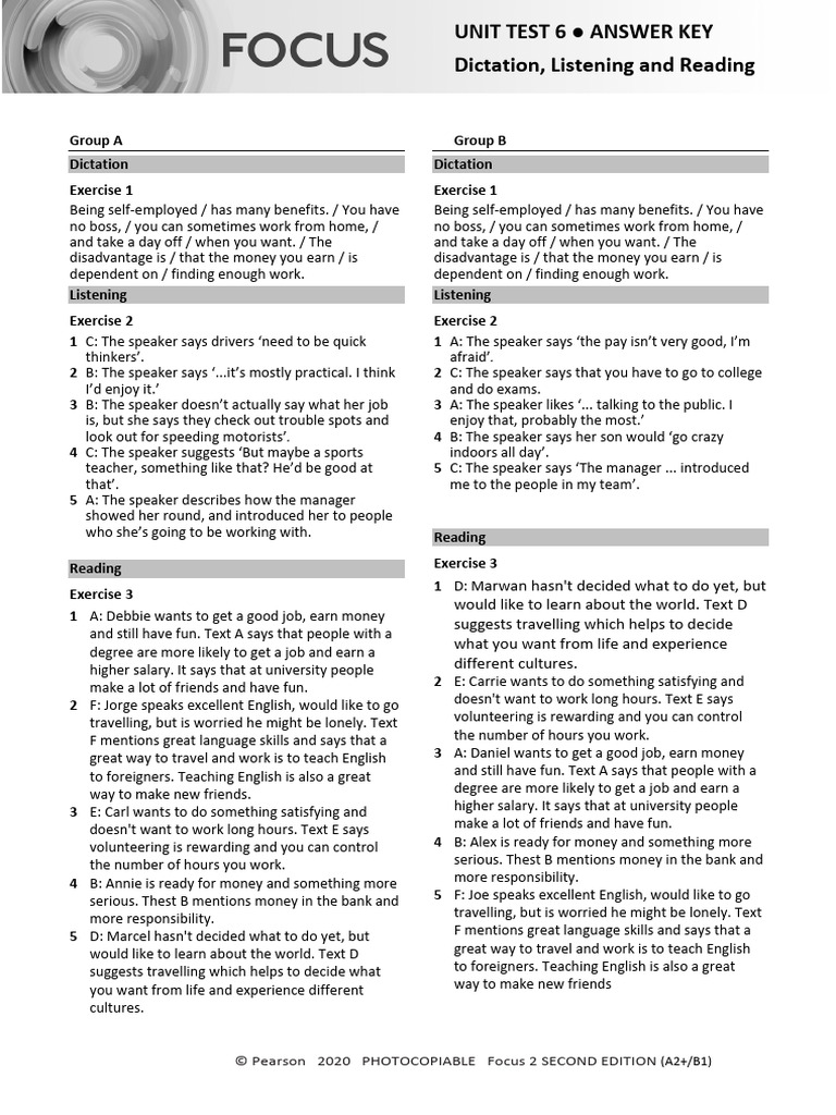 Focus 2 Unit 6 Test Answer Key | PDF
