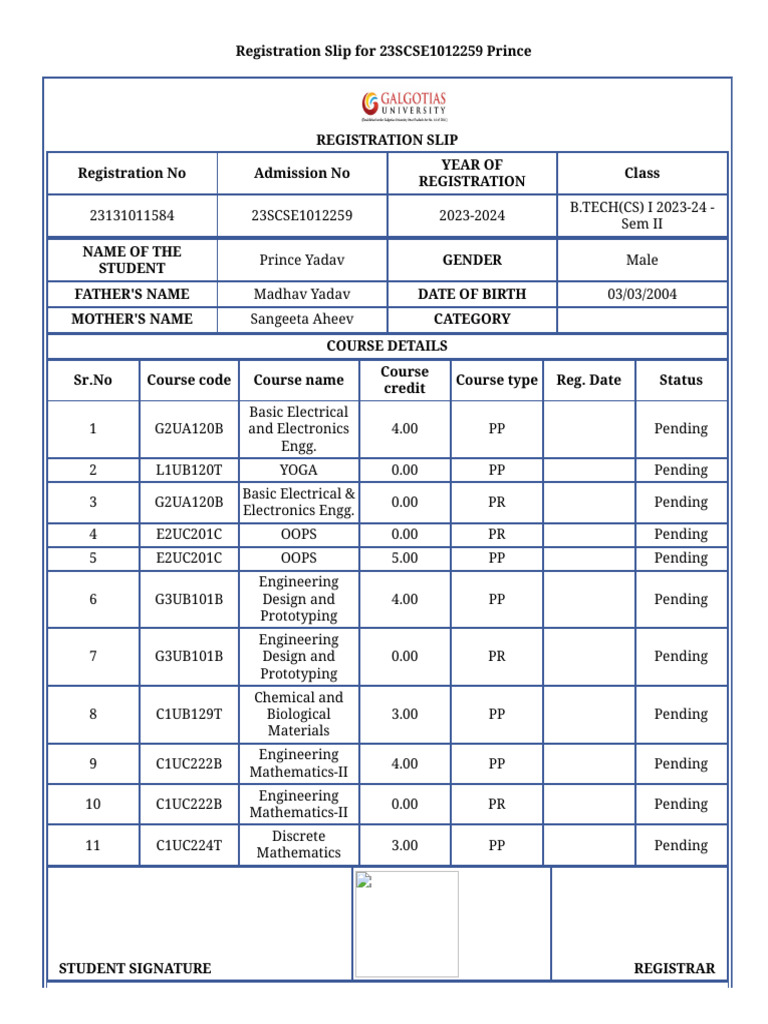 Semester 2 Registration Slip | PDF | Engineering | Science