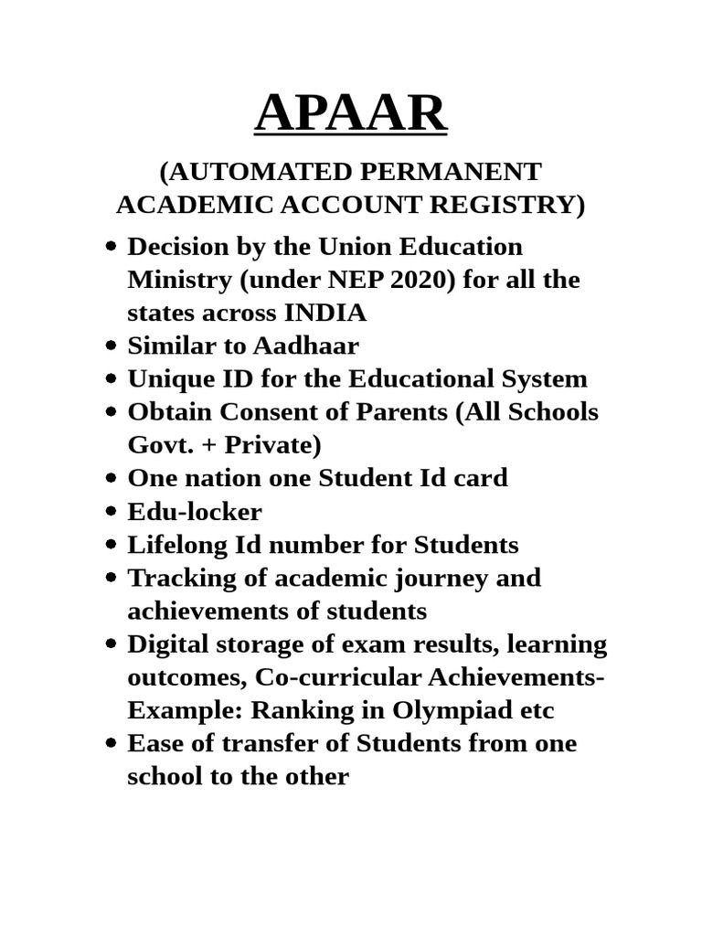 APAAR: India's Student ID System | PDF