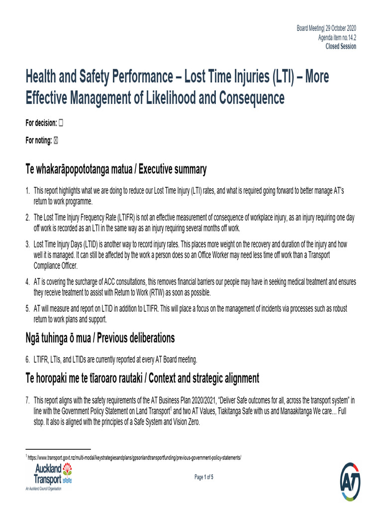 Item 142 Health and Safety Performance Lost Time Injuries | PDF ...