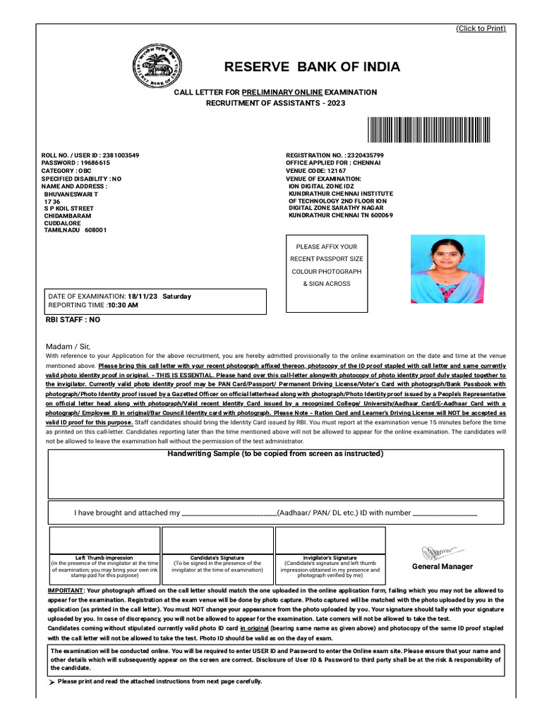 RBI Assistant Exam Call Letter 2023 | PDF | Identity Document
