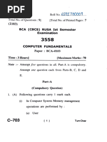 BCA 1st Semester Computer Fundamentals Question Paper (2023)