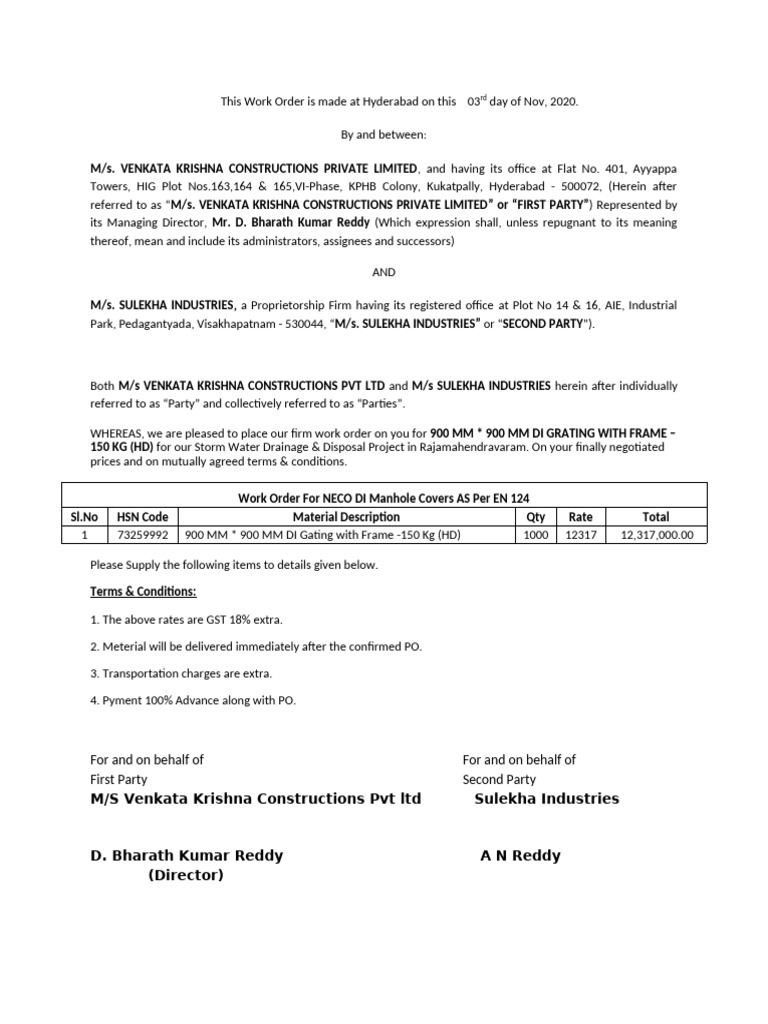 Work Order for DI Grating Supply | PDF