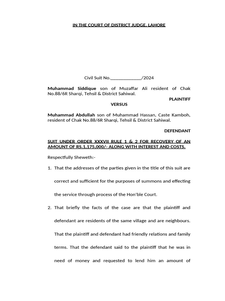 Suit For Recovery Mian Rafiq SB | PDF | Lawsuit | Justice